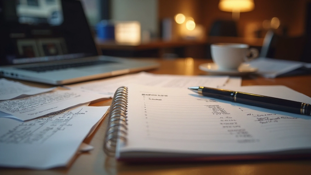 Organized collection of receipts and expense log written in notebook with pen