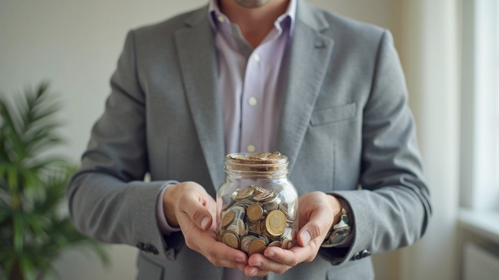 Person confidently holding savings jar with coins and banknotes, representing financial security