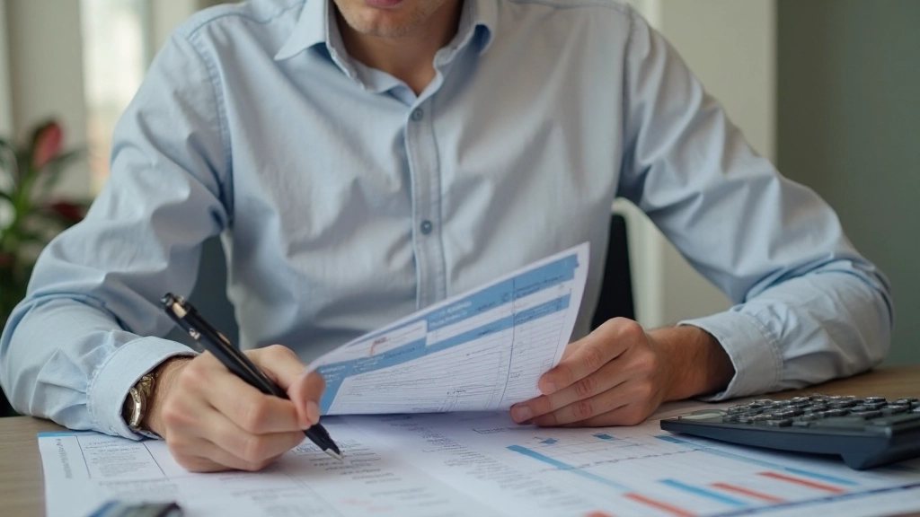 Person reviewing budget spreadsheet with calculator and notepad on desk