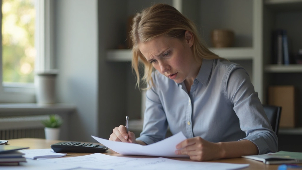 Person looking confused at financial documents and budget spreadsheet with calculator and papers scattered