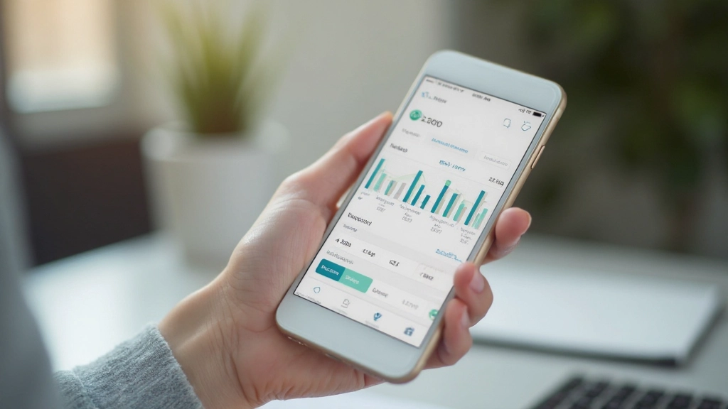 Person using budgeting app on smartphone to track monthly expenses and income