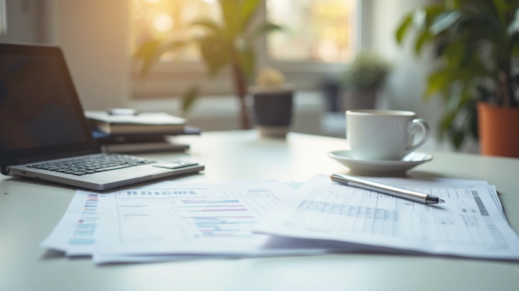 Modern workspace with financial planning documents, calculator, and notebook on desk