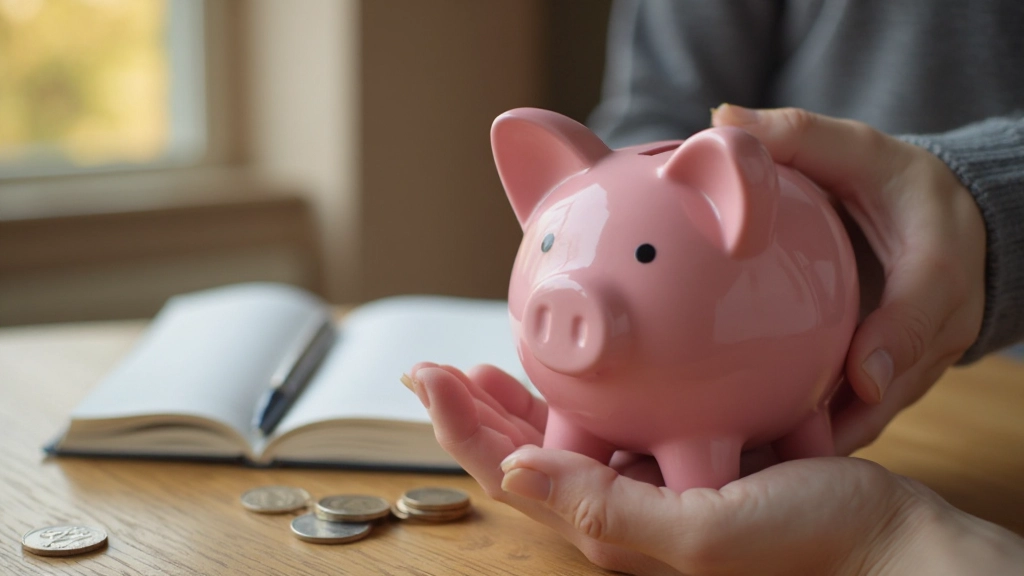 Hand holding piggy bank with coins on desk next to savings journal
